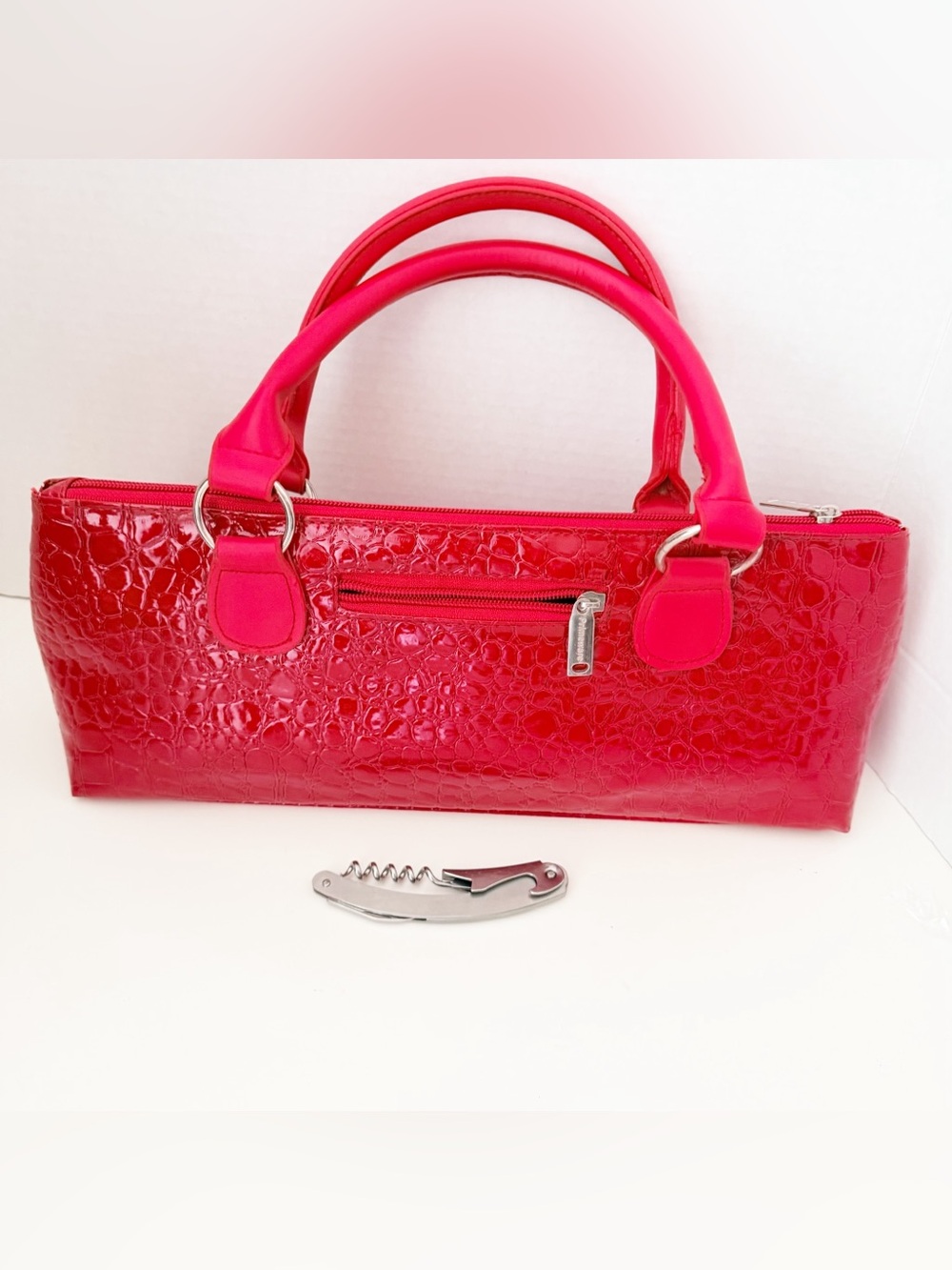 Primeware Thermal Insulated Red Croc-Embossed Patent Wine Bag & Corkscrew